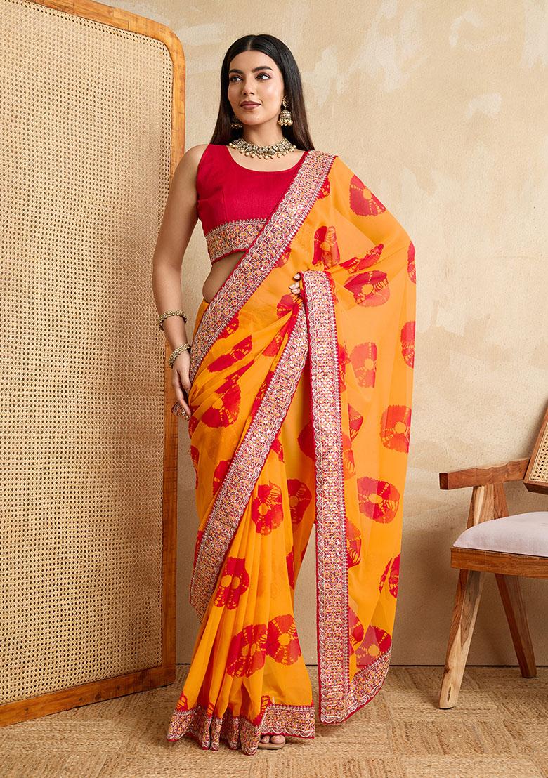Yellow Printed Designer And Embroidery Work Lace Border Georgette Saree Set
