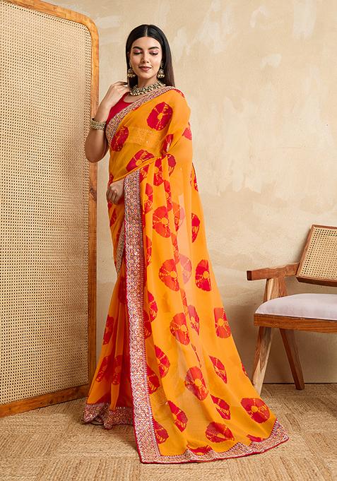 Yellow Printed Designer And Embroidery Work Lace Border Georgette Saree Set