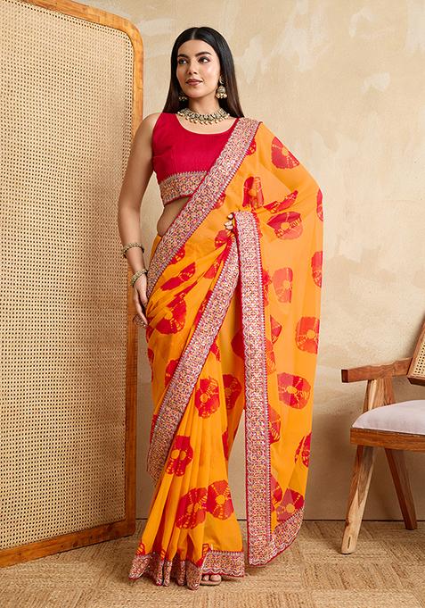 Yellow Printed Designer And Embroidery Work Lace Border Georgette Saree Set