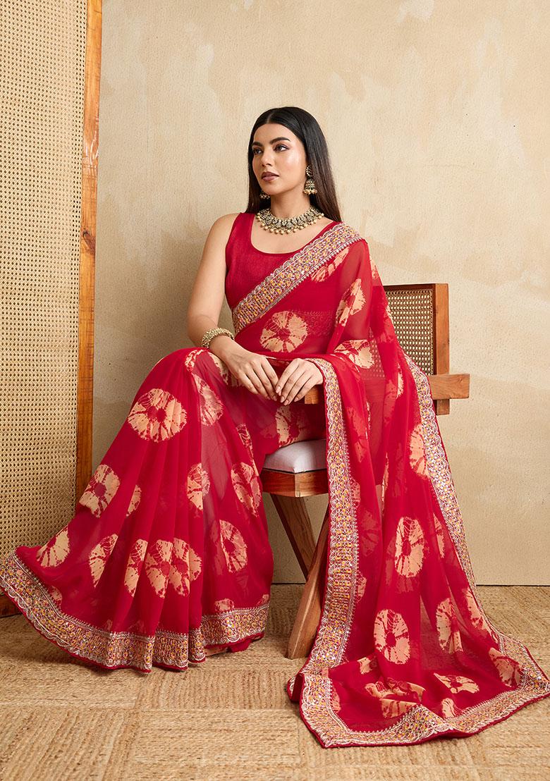 Red Printed Designer And Embroidery Work Lace Border Georgette Saree Set
