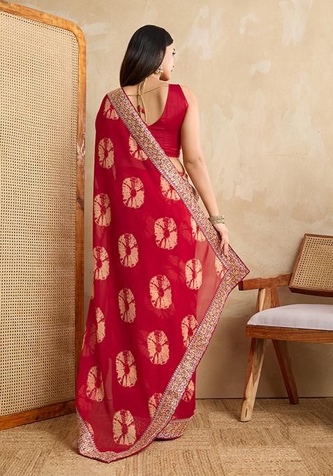Red Printed Designer And Embroidery Work Lace Border Georgette Saree Set
