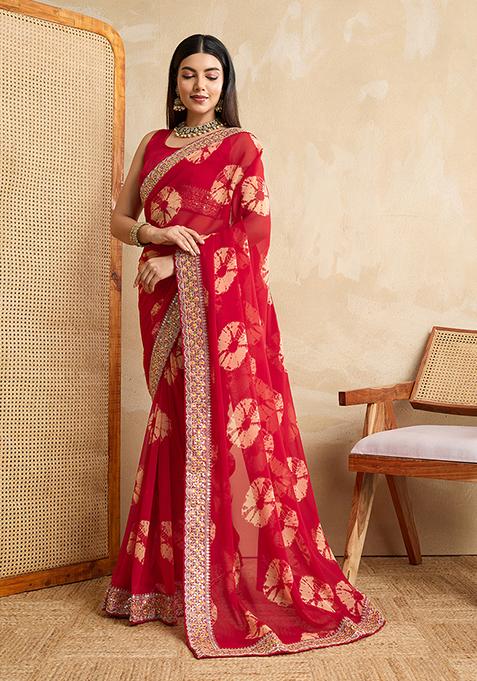 Red Printed Designer And Embroidery Work Lace Border Georgette Saree Set