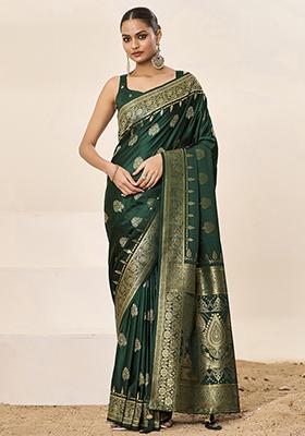 Green Wevon Jacquard Designer Satin Silk Saree Set