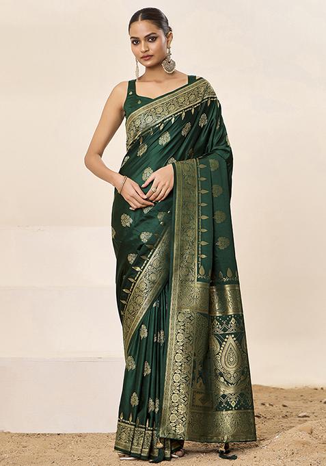 Green Wevon Jacquard Designer Satin Silk Saree Set