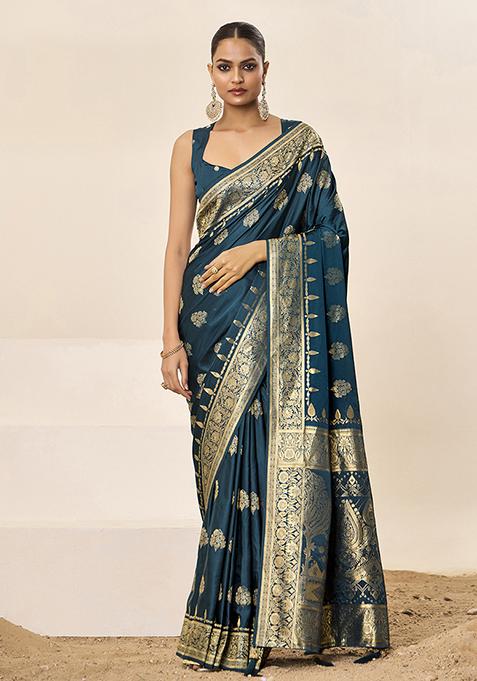 Petrol Blue Wevon Jacquard Designer Satin Silk Saree Set