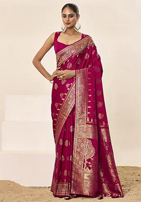 Pink Wevon Jacquard Designer Satin Silk Saree Set