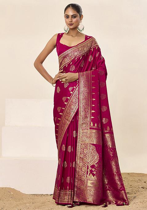 Pink Wevon Jacquard Designer Satin Silk Saree Set