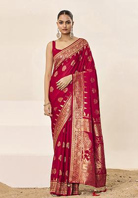 Red Wevon Jacquard Designer Satin Silk Saree Set
