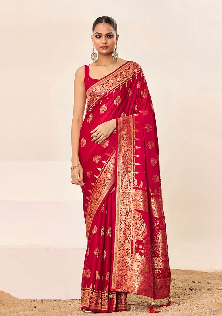 Red Wevon Jacquard Designer Satin Silk Saree Set - Indya