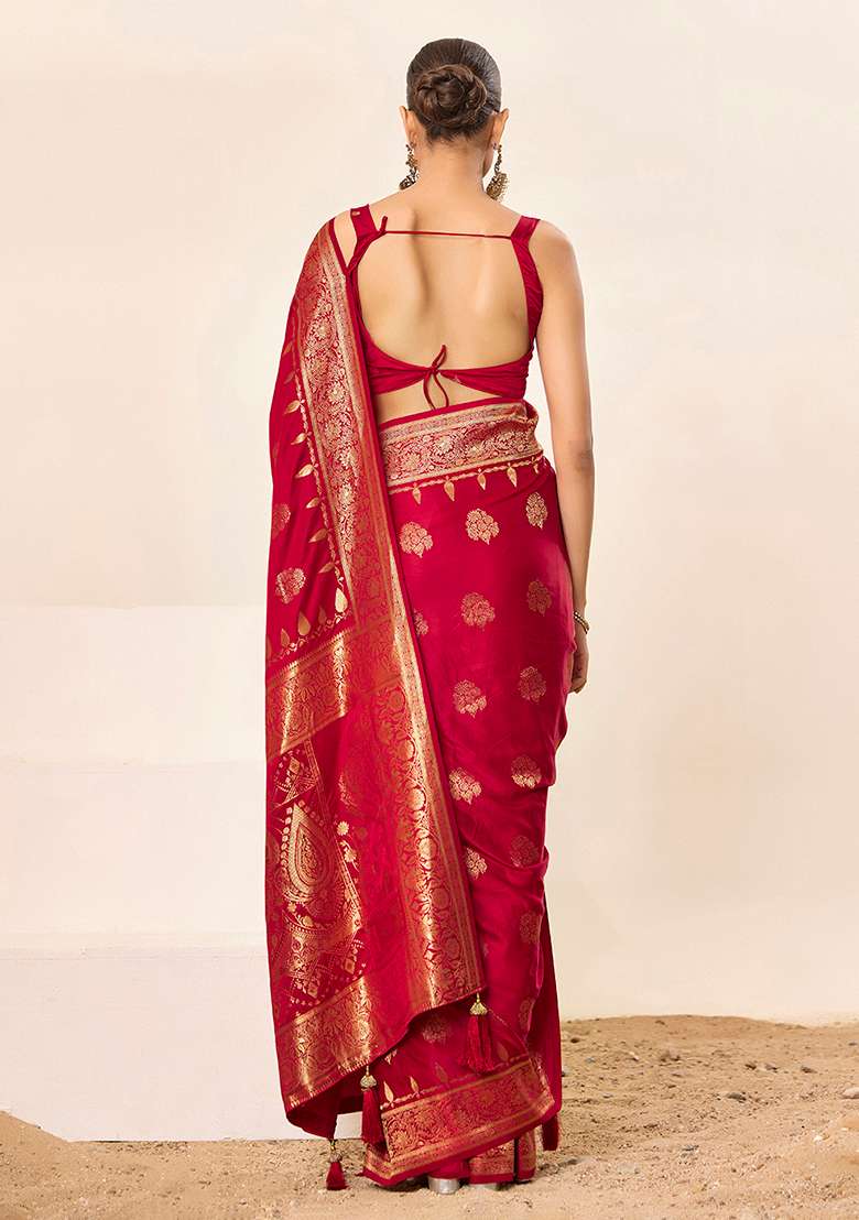 Red Wevon Jacquard Designer Satin Silk Saree Set - Indya