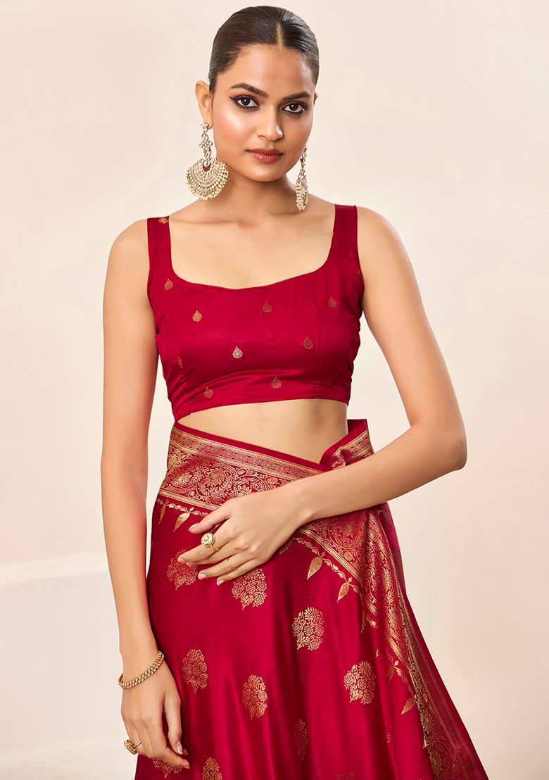 Red Wevon Jacquard Designer Satin Silk Saree Set - Indya