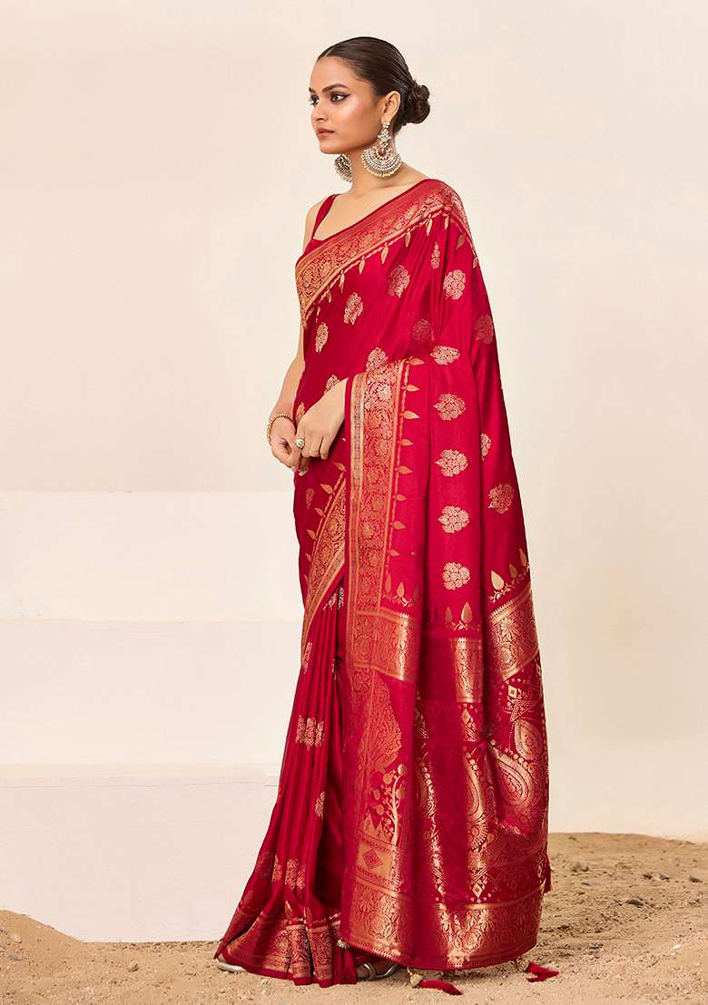 Red Wevon Jacquard Designer Satin Silk Saree Set - Indya