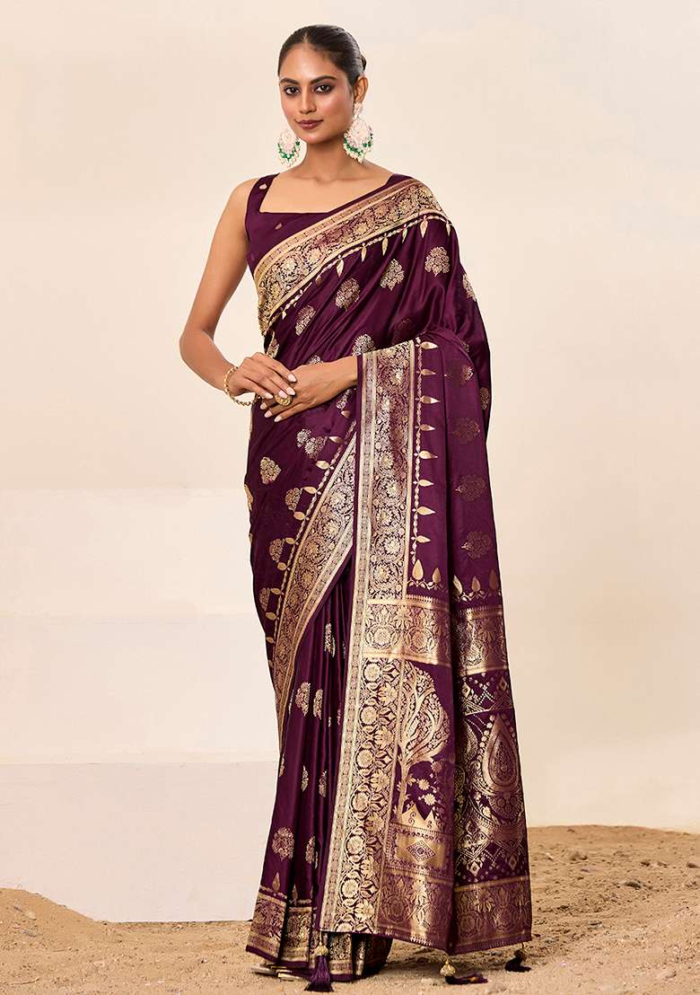 Wine Wevon Jacquard Designer Satin Silk Saree Set - Indya