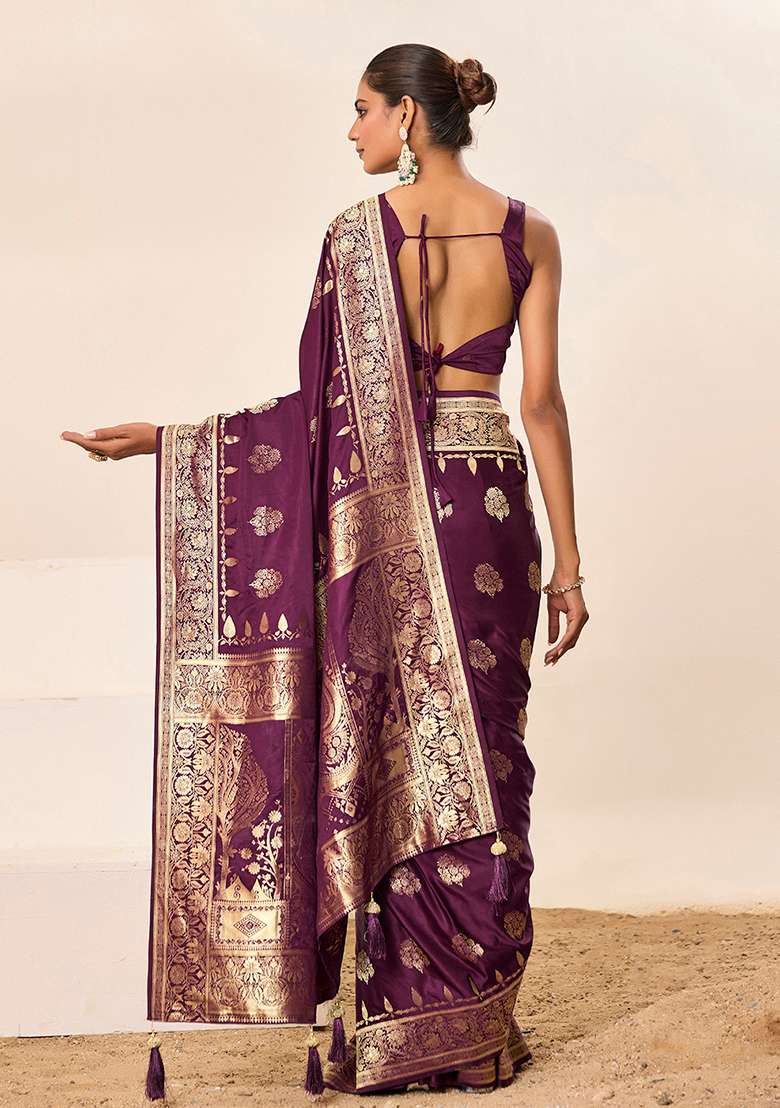 Wine Wevon Jacquard Designer Satin Silk Saree Set - Indya