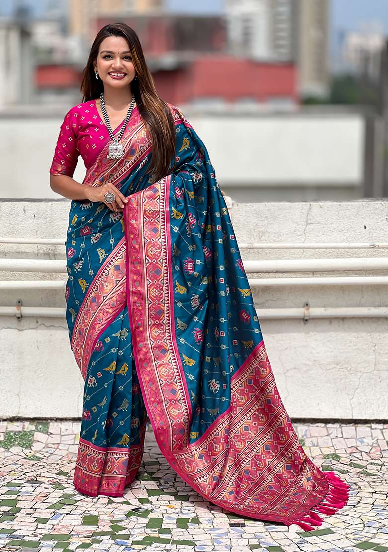 Blue Wevon Meenakari Ikkat Designer Patola Silk Saree Set - Indya