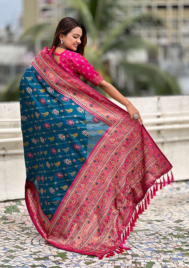 Blue Wevon Meenakari Ikkat Designer Patola Silk Saree Set - Indya