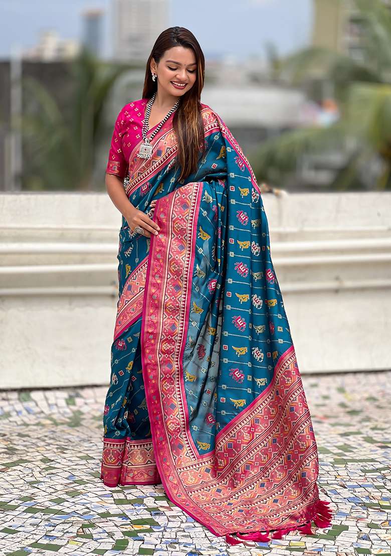 Blue Wevon Meenakari Ikkat Designer Patola Silk Saree Set - Indya