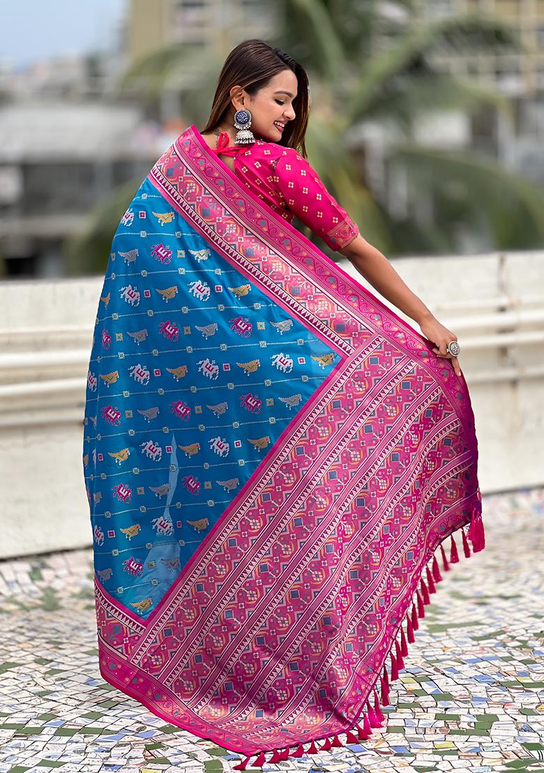 Sea Green Wevon Meenakari Ikkat Designer Patola Silk Saree Set