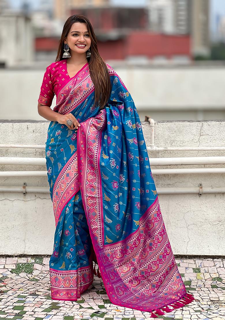 Sea Green Wevon Meenakari Ikkat Designer Patola Silk Saree Set