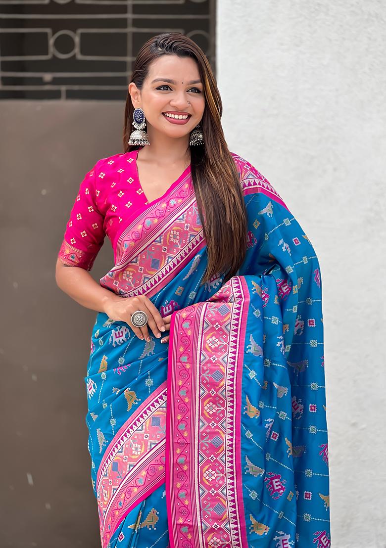 Sea Green Wevon Meenakari Ikkat Designer Patola Silk Saree Set