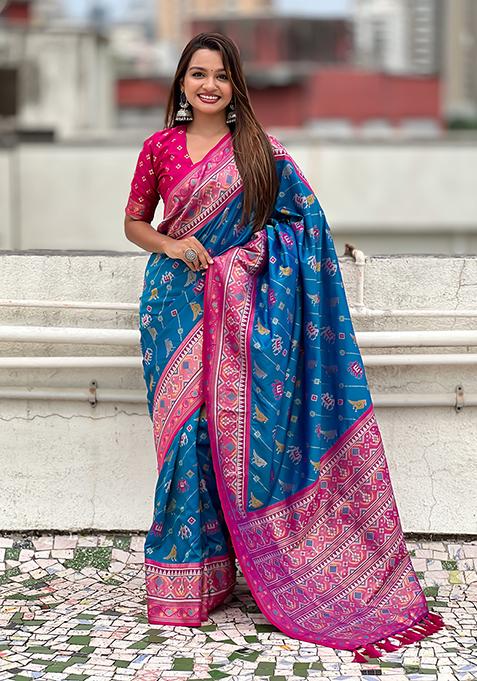 Sea Green Wevon Meenakari Ikkat Designer Patola Silk Saree Set