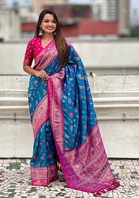 Sea Green Wevon Meenakari Ikkat Designer Patola Silk Saree Set