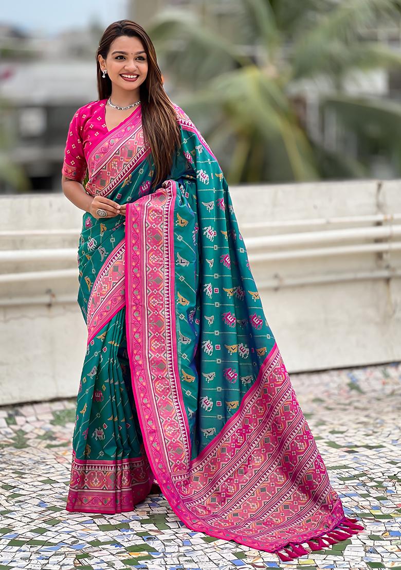 Rama Green Wevon Meenakari Ikkat Designer Patola Silk Saree Set