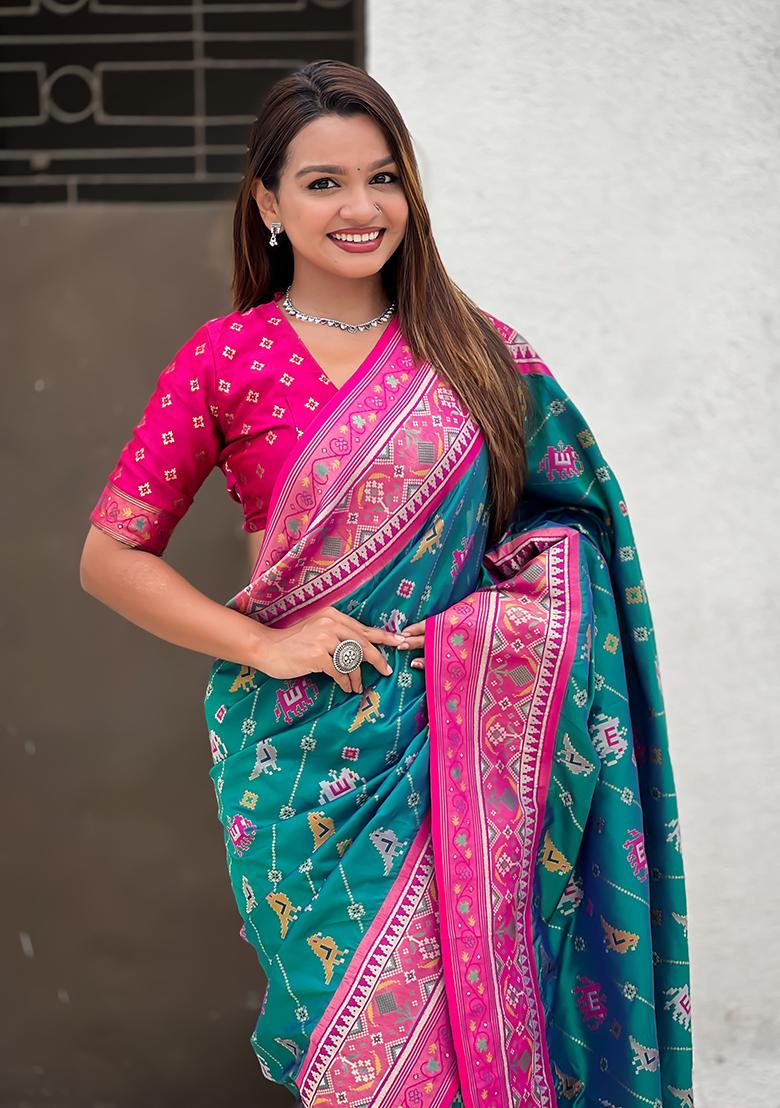 Rama Green Wevon Meenakari Ikkat Designer Patola Silk Saree Set