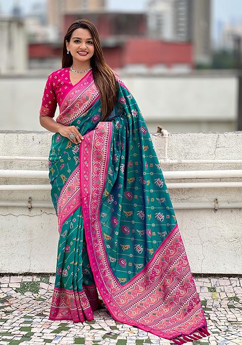 Rama Green Wevon Meenakari Ikkat Designer Patola Silk Saree Set
