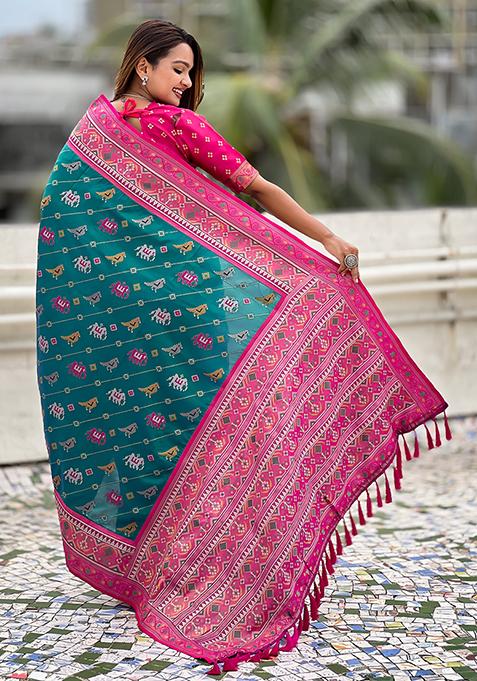 Rama Green Wevon Meenakari Ikkat Designer Patola Silk Saree Set