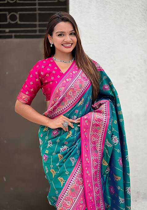 Rama Green Wevon Meenakari Ikkat Designer Patola Silk Saree Set