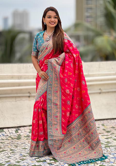 Pink Wevon Meenakari Ikkat Designer Patola Silk Saree Set