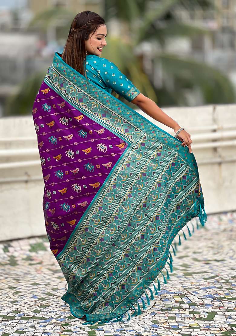 Purple Wevon Meenakari Ikkat Designer Patola Silk Saree Set - Indya