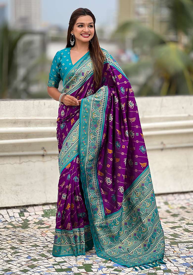 Purple Wevon Meenakari Ikkat Designer Patola Silk Saree Set - Indya