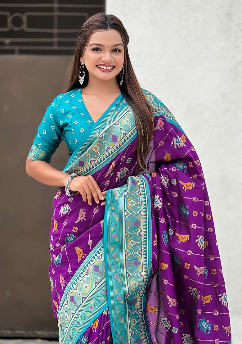 Purple Wevon Meenakari Ikkat Designer Patola Silk Saree Set - Indya