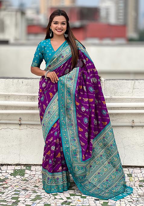 Purple Wevon Meenakari Ikkat Designer Patola Silk Saree Set