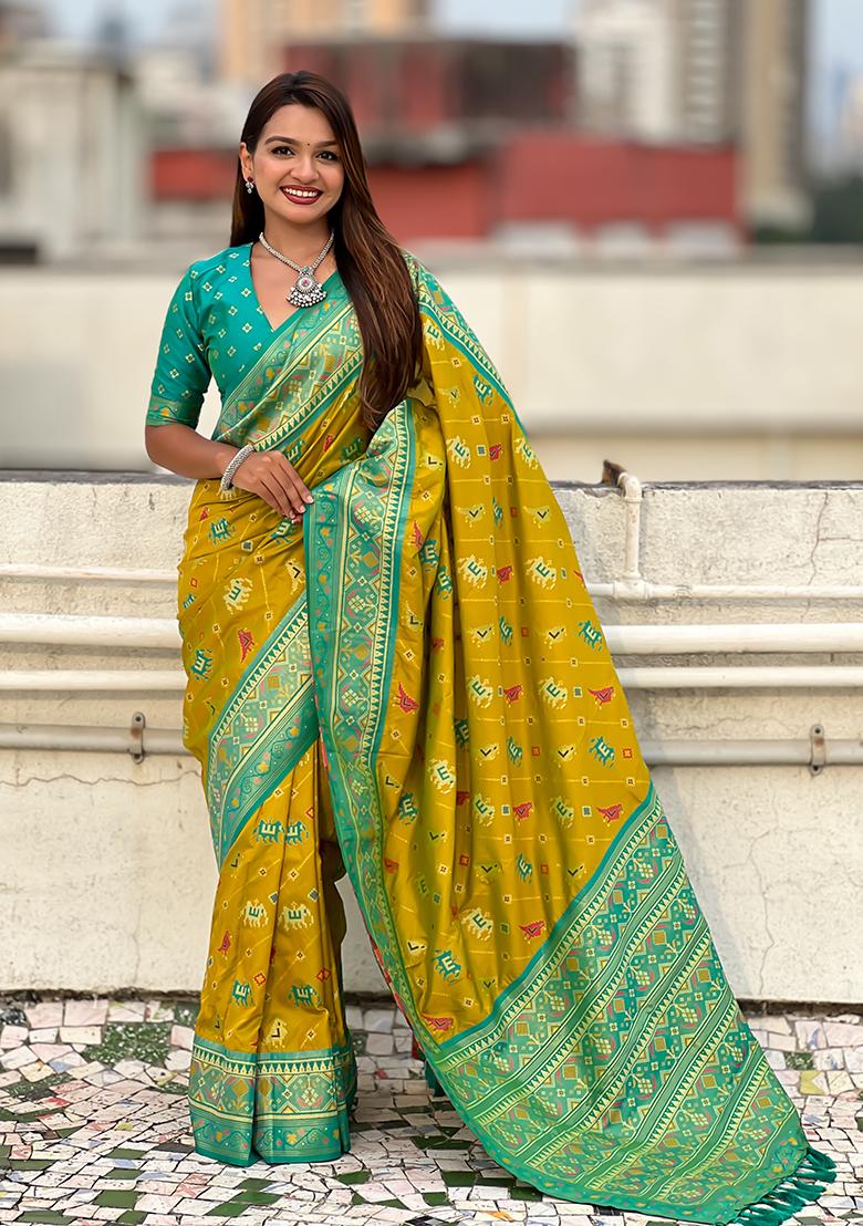 Mahendi Green Wevon Meenakari Ikkat Designer Patola Silk Saree Set