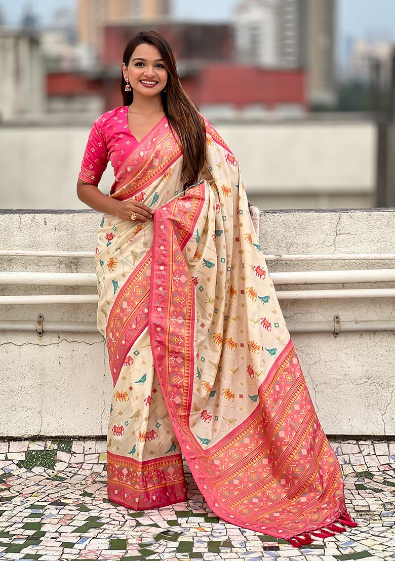 Off White Wevon Meenakari Ikkat Designer Patola Silk Saree Set