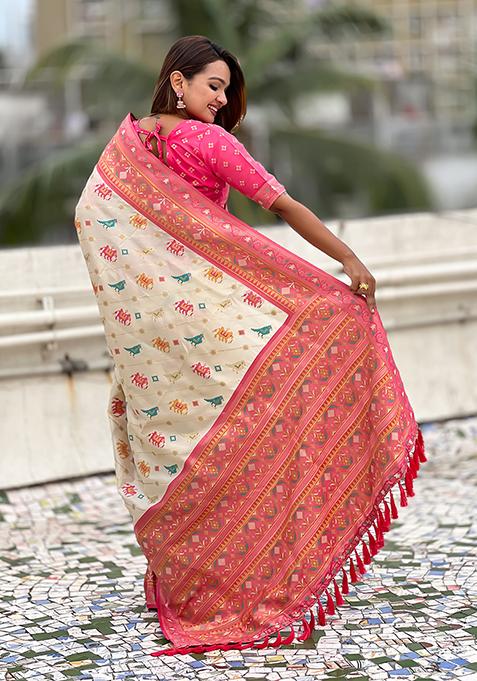 Off White Wevon Meenakari Ikkat Designer Patola Silk Saree Set