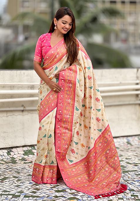 Off White Wevon Meenakari Ikkat Designer Patola Silk Saree Set