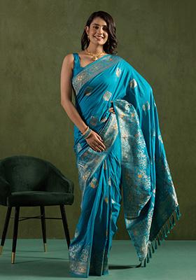 Aqua Blue Wevon Jari Designer Dolla Silk Saree Set