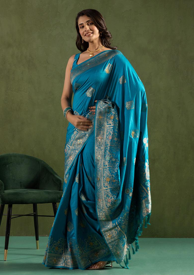 Aqua Blue Wevon Jari Designer Dolla Silk Saree Set