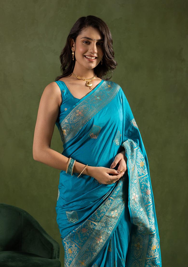 Aqua Blue Wevon Jari Designer Dolla Silk Saree Set