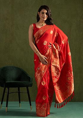 Red Wevon Jari Designer Dolla Silk Saree Set