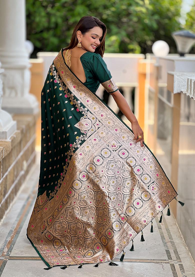Green Wevon Meenakari Designer Banarasi Silk Saree Set