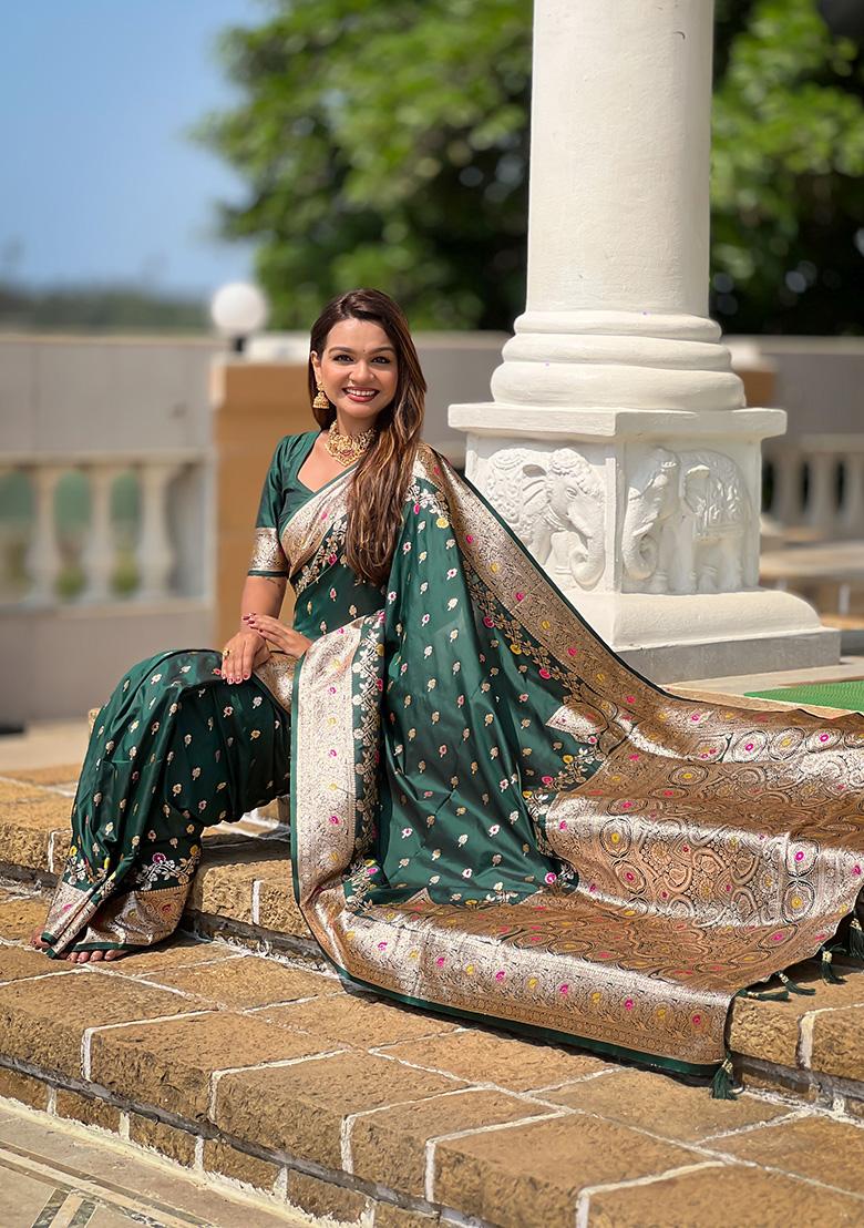Green Wevon Meenakari Designer Banarasi Silk Saree Set