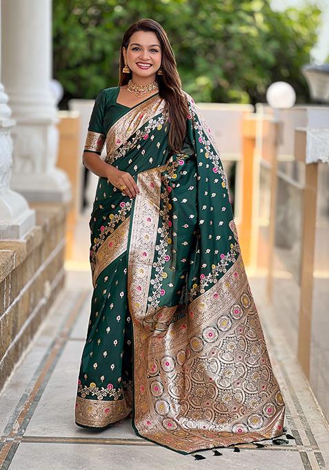 Green Wevon Meenakari Designer Banarasi Silk Saree Set