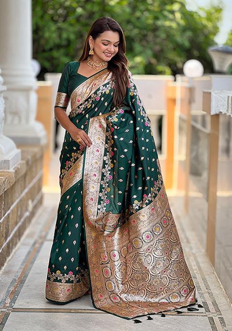 Green Wevon Meenakari Designer Banarasi Silk Saree Set