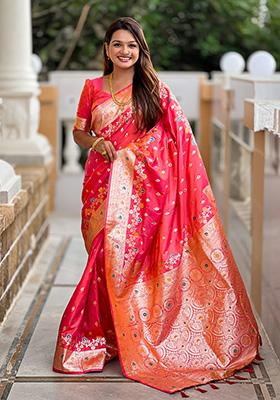 Gajri Pink Wevon Meenakari Designer Banarasi Silk Saree Set
