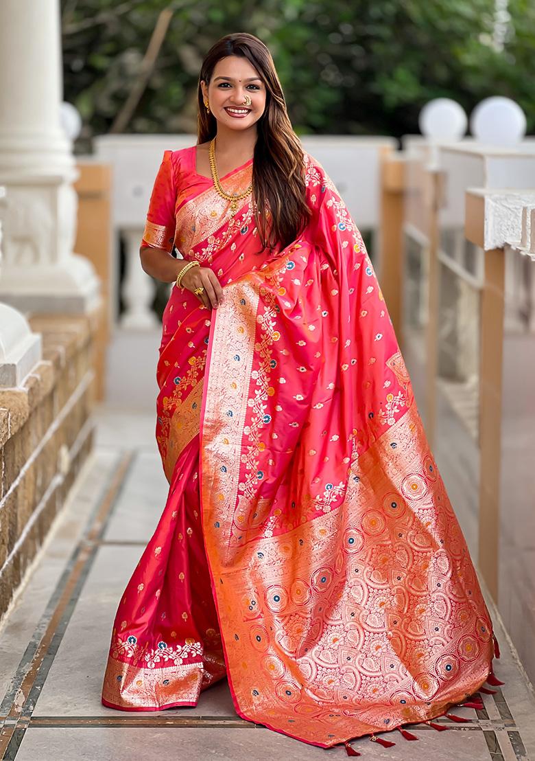 Gajri Pink Wevon Meenakari Designer Banarasi Silk Saree Set
